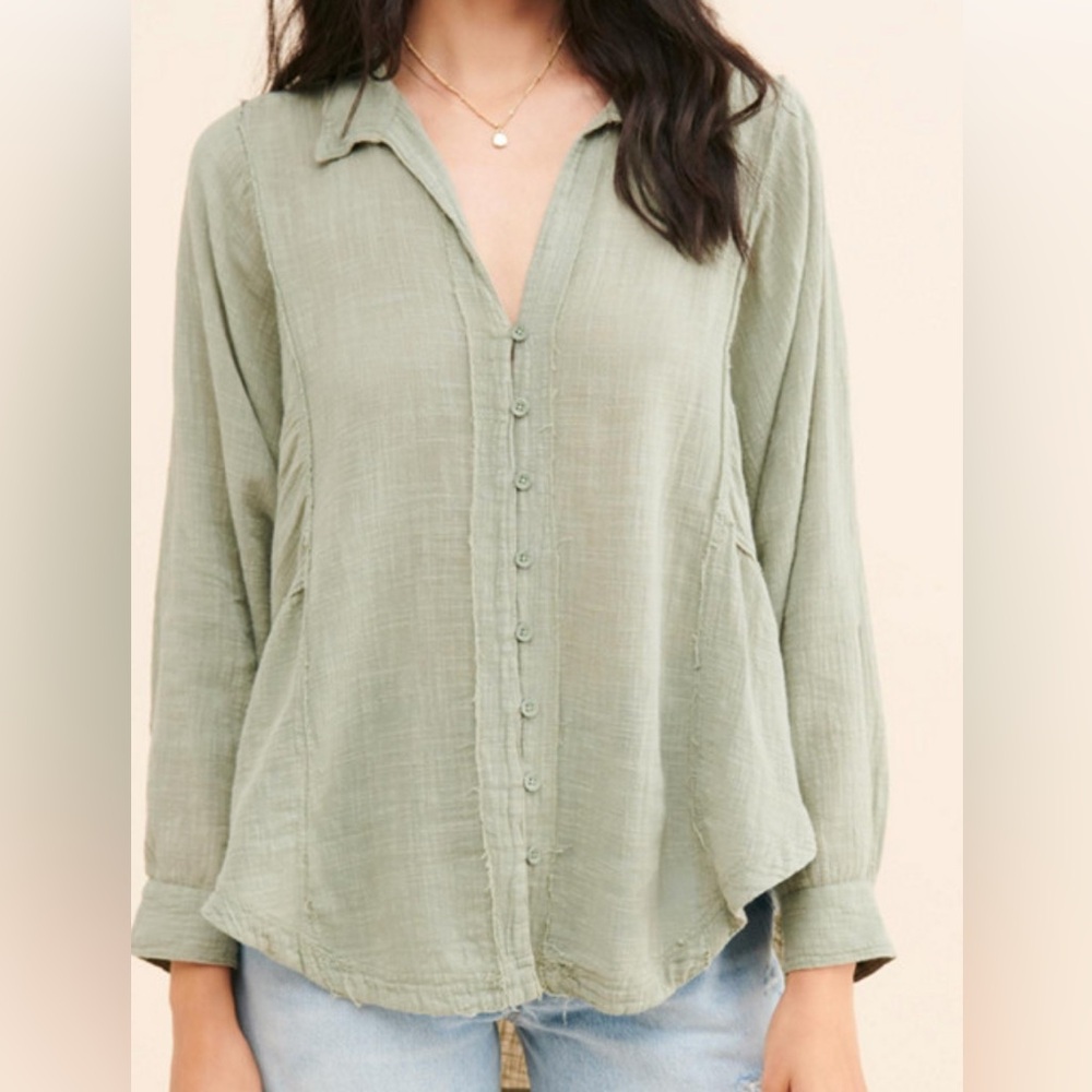 We The Free Sage Green Button-Front Gauze Blouse